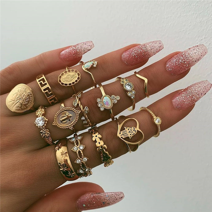 NEWBUY 15Pcs/Set Vintage Gold Color Bohemian Midi Knucle Ring Unique Design Geometric Palm Flower Cross Finger Ring Femme Bijoux