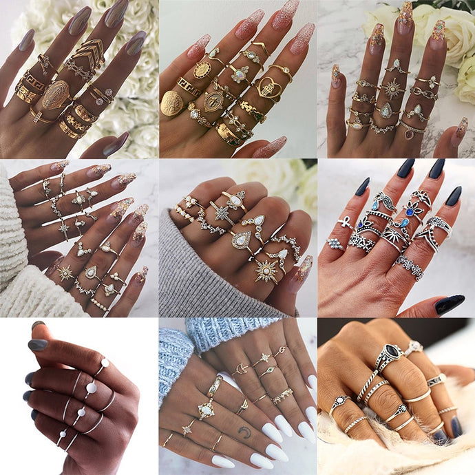 IF YOU Vintage Punk Crystal Knuckle New Rings Set For Women Finger Geometric Opal Midi Elegant Ring Party Accessories Jewelry