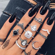 Load image into Gallery viewer, Bohemia Women Rings Fashion Crystal Metal Moon Crown Leaf Feather Crystal Gems  Joint Ring Set Party Jewelry Ring Set For Women