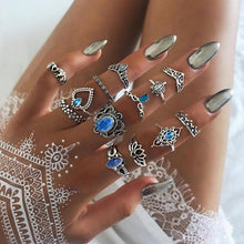 Load image into Gallery viewer, Bohemia Women Rings Fashion Crystal Metal Moon Crown Leaf Feather Crystal Gems  Joint Ring Set Party Jewelry Ring Set For Women