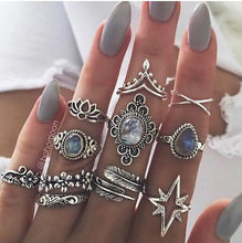 Load image into Gallery viewer, Bohemia Women Rings Fashion Crystal Metal Moon Crown Leaf Feather Crystal Gems  Joint Ring Set Party Jewelry Ring Set For Women
