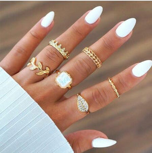 Bohemia Women Rings Fashion Crystal Metal Moon Crown Leaf Feather Crystal Gems  Joint Ring Set Party Jewelry Ring Set For Women